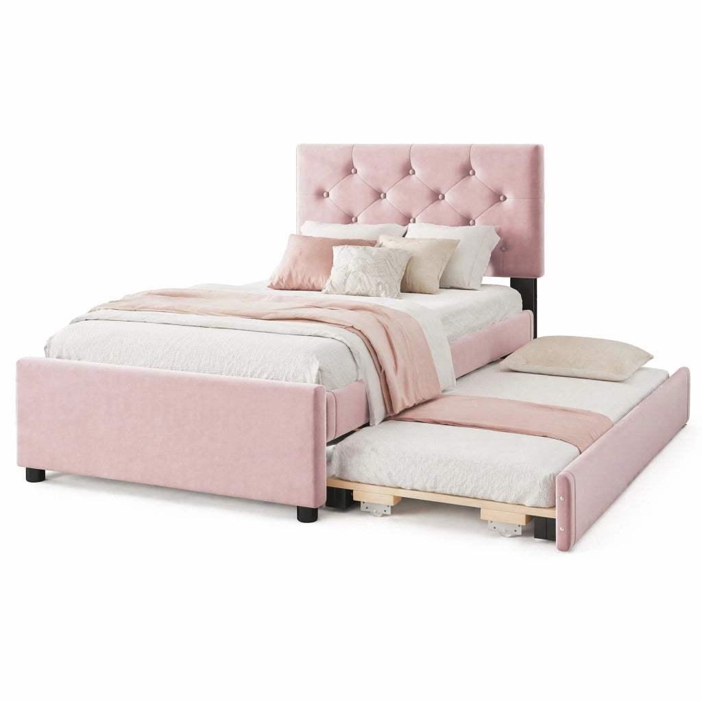 Letto imbottito rosa 90x200 cm in velluto con rete a doghe e letto estraibile
