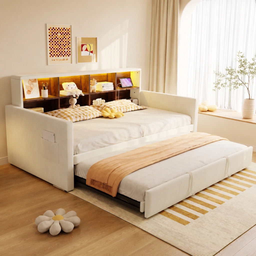 Letto singolo imbottito 90 × 190 cm estraibile in velluto beige con testiera LED prese e vani portaoggetti