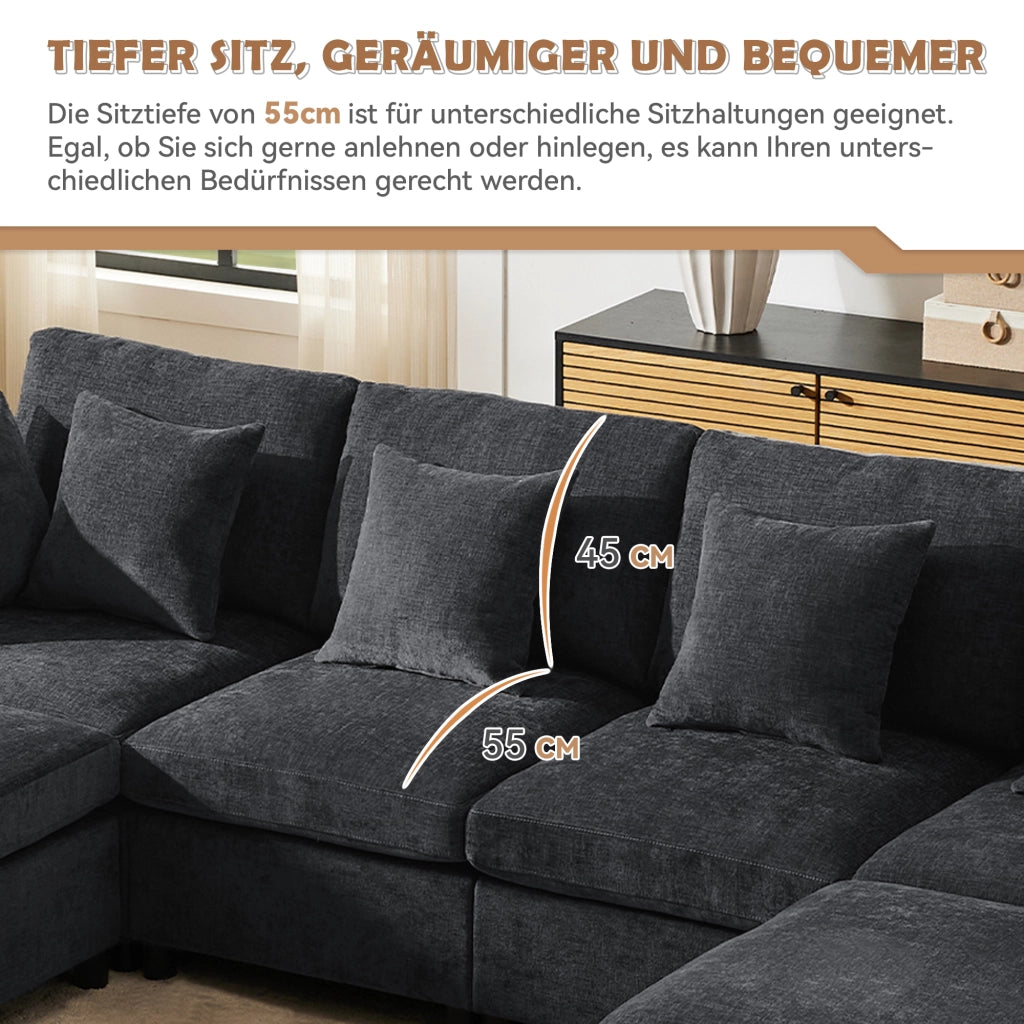 Divano modulare 4 posti configurabile a U o L con 2 pouf e 6 cuscini in chenille grigio, 278 × 161 × 81 cm