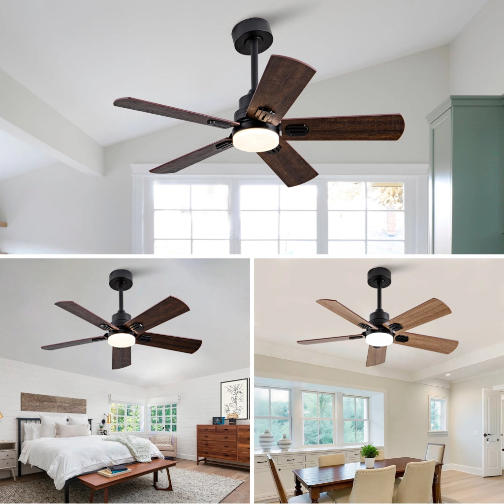 Ventilatore da soffitto con luce e telecomando; 107 cm; 5 pale e 6 velocità; LED dimmerabile; metallo e legno; nero e noce scuro