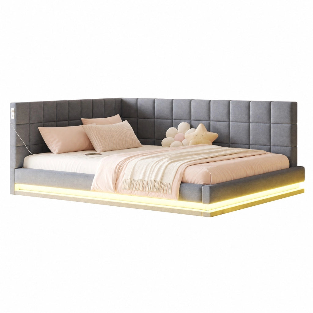 Divano letto imbottito 160x200 con LED, USB e rete a doghe