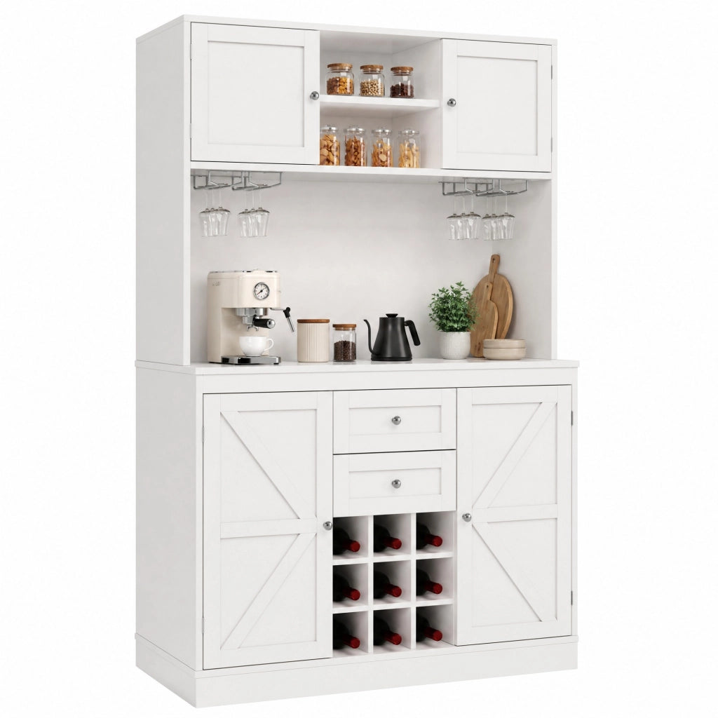 Mobile buffet da cucina 120x40x188 cm con 4 ante, 2 cassetti e portabottiglie bianco HAVRYA