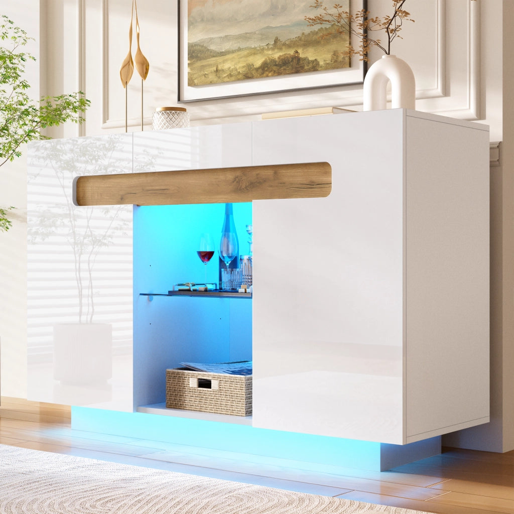 Credenza con 4 vani; 2 ripiani aperti e LED - per soggiorno - 120×40×80 cm - bianco