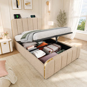 Letto 90x200 cm con contenitore idraulico, USB e USB-C in lino beige