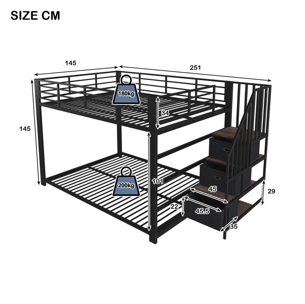 Letto a castello in metallo 140x200 cm con scala reversibile, contenitori, illuminazione LED e prese USB, colore nero