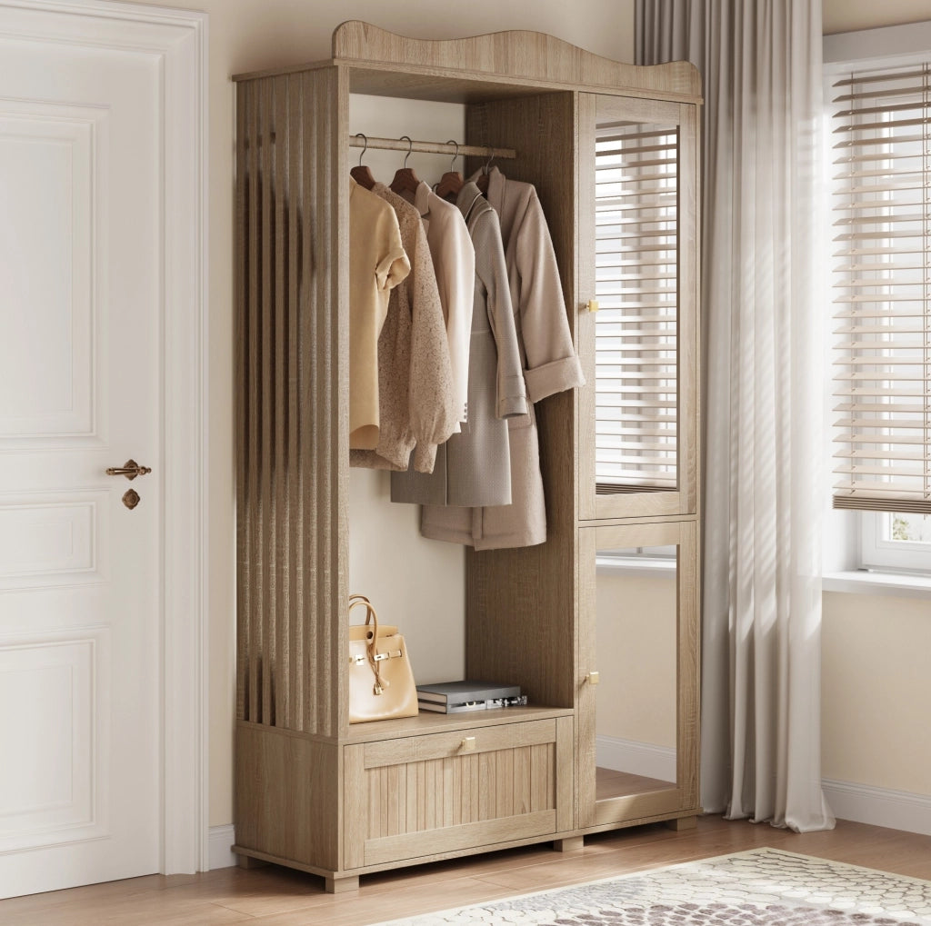 Guardaroba Aperto con Specchio a Figura Intera, Mobile con 2 Ante e Cassetto in MDF Colore Quercia, 115,5x38,5x194,5 cm