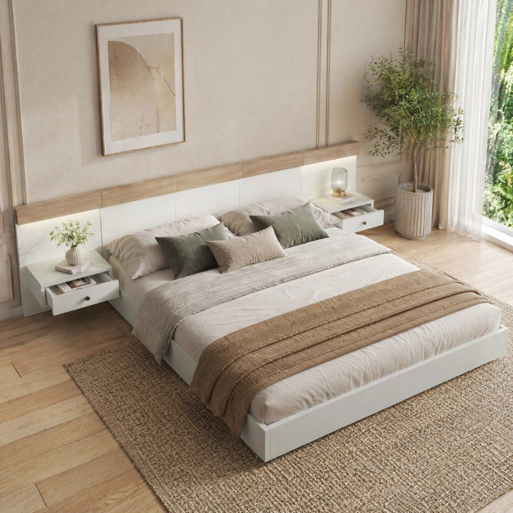 Letto matrimoniale 160x200 cm con comodini LED, USB-C e prese UE