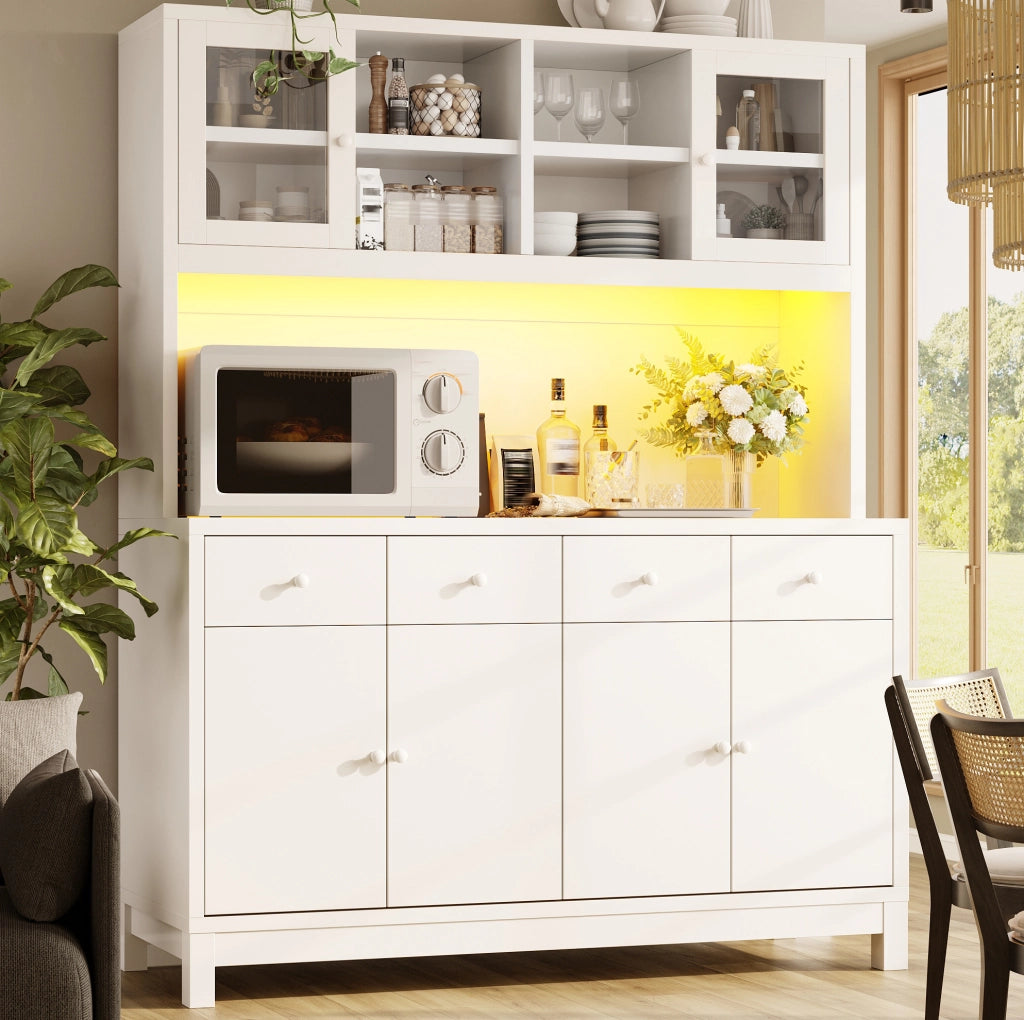 Credenza alta 140x38,5x180 cm in MDF bianco, LED RGB e 4 cassetti