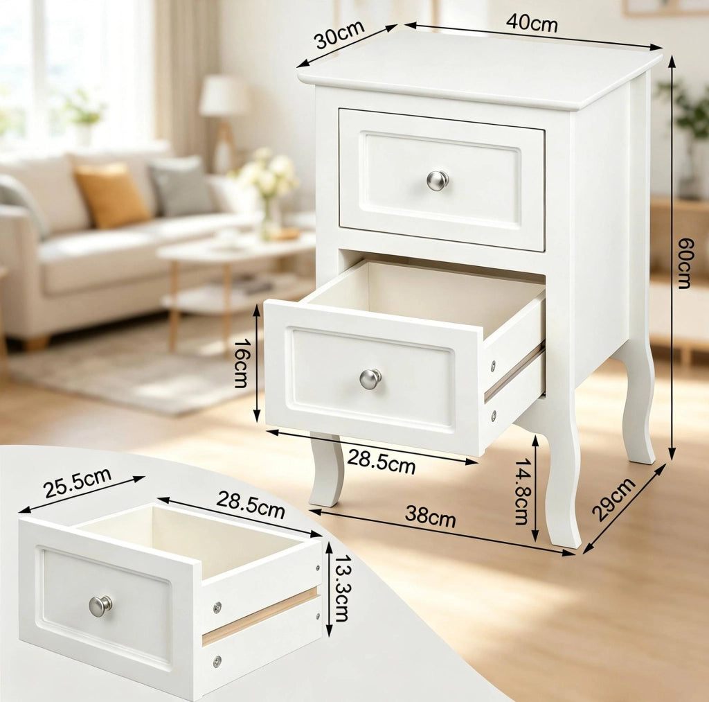 Comodino 40x30x60 cm in MDF bianco con 2 cassetti salvaspazio