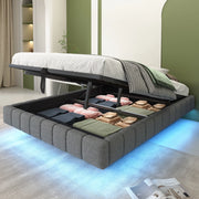 Letto per adulti 140x200 cm sospeso con LED e vano contenitore idraulico; struttura in metallo; lino grigio