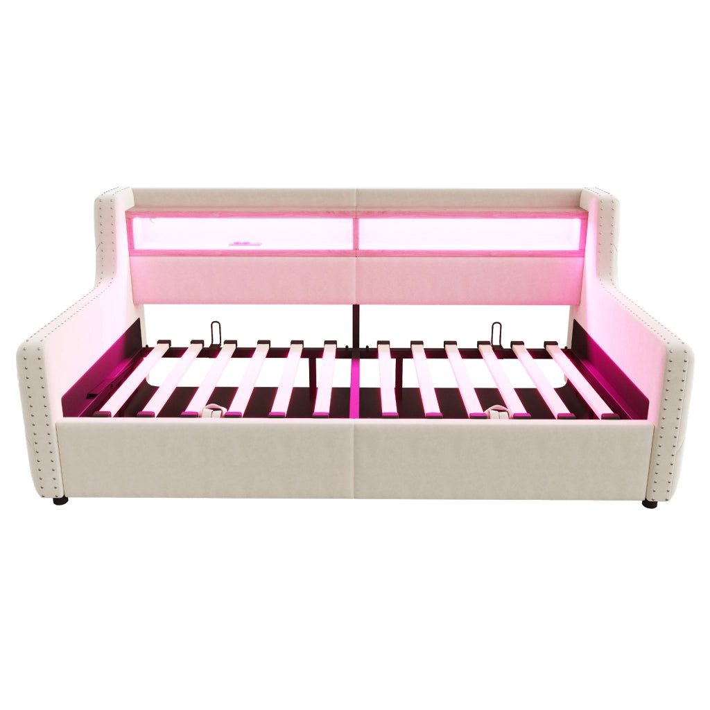 Letto divano 90 × 200 cm 1 posto con contenitore; LED; mensola; presa; USB e tipo C; senza materasso; beige