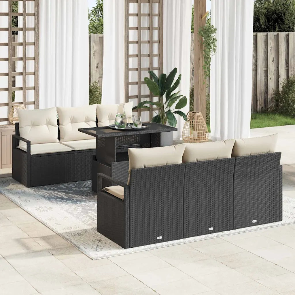 Set Divano da Giardino 7 pcs Nero e Crema polyrattan