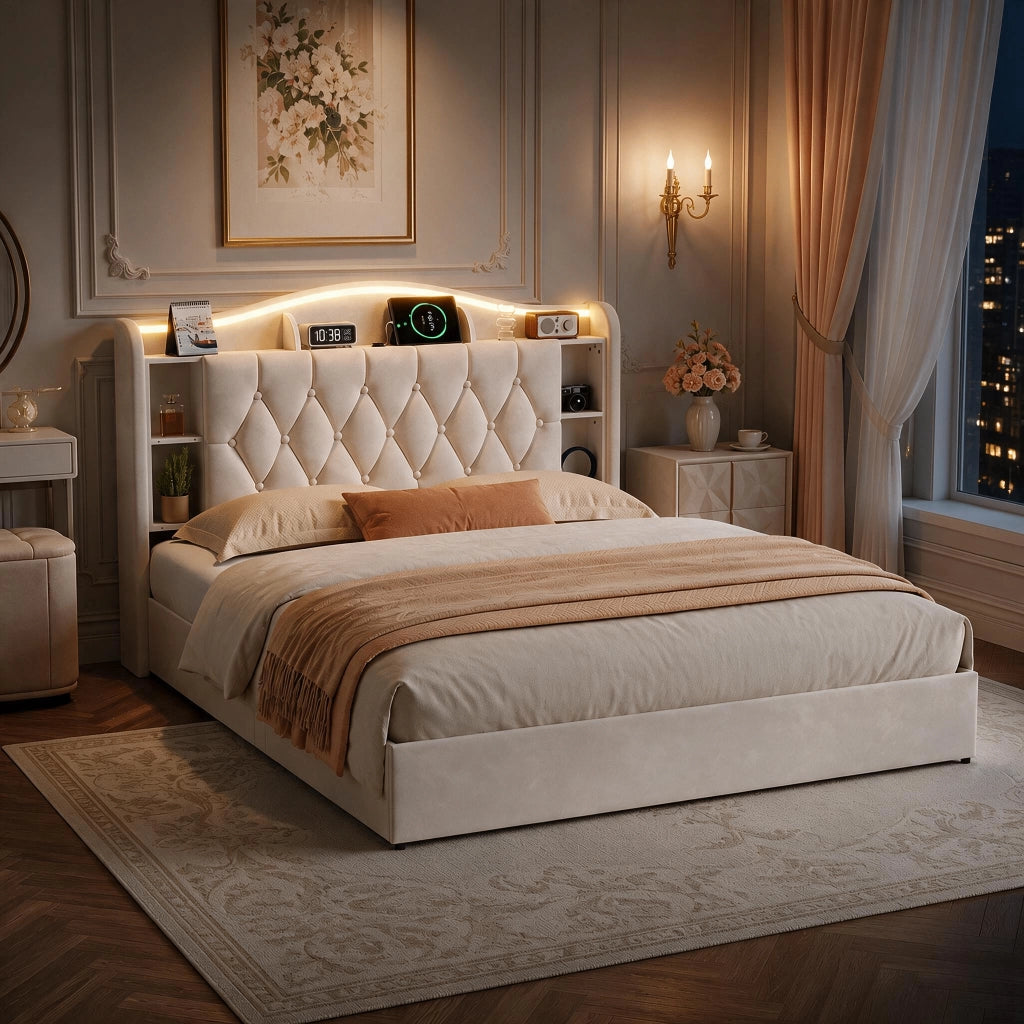 Letto a molle a sollevamento idraulico, testiera velluto beige, con luci LED RGB, stazioni di ricarica USB e wireless, scomparti porta oggetti, 140x200 cm