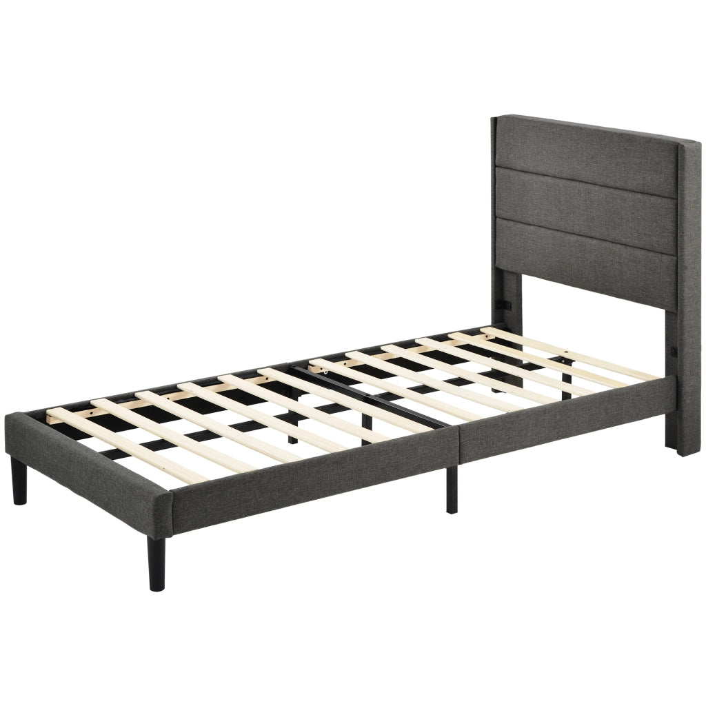 Letto Singolo 90 x 200 cm; Testiera Imbottita e Rete a Doghe - in Lino - Grigio