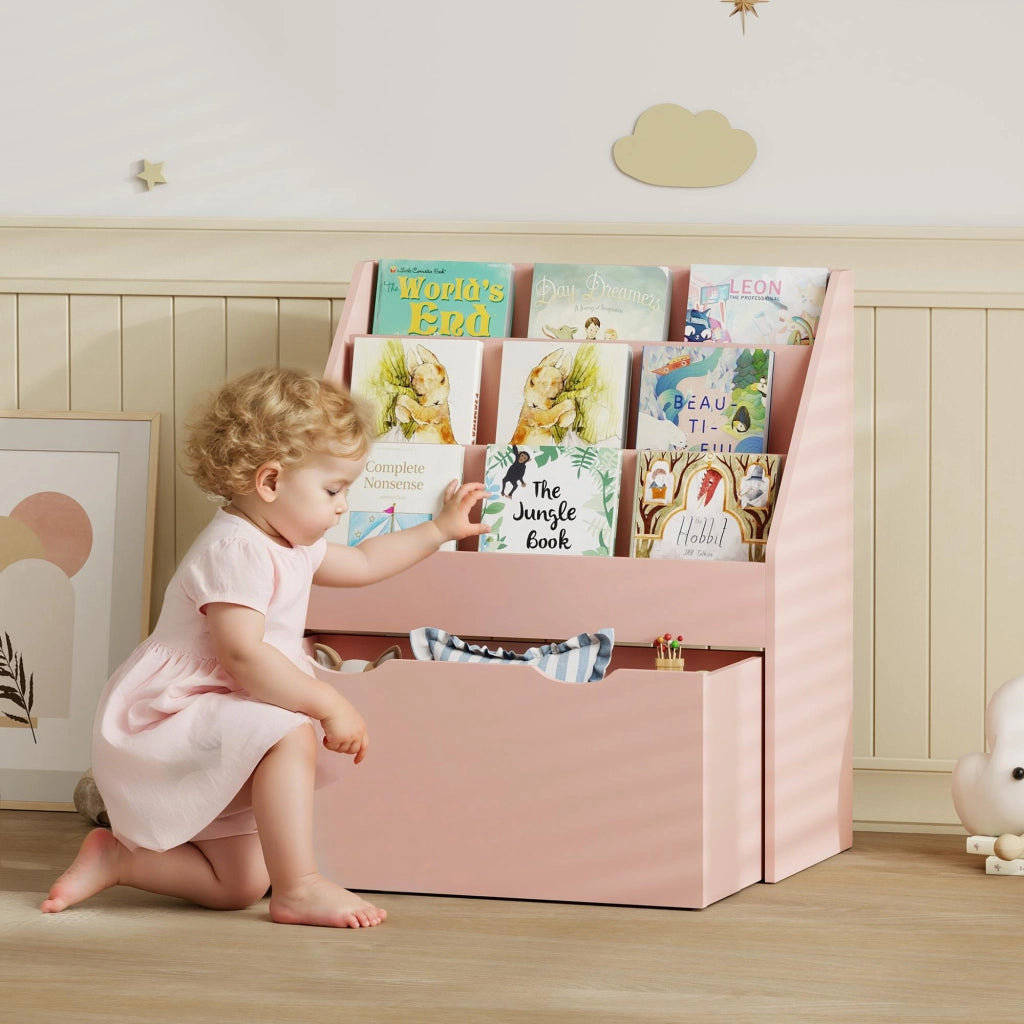 Libreria per Bambini Rosa Mobile Portaoggetti con 3 Ripiani e Cassetto Salvaspazio per Cameretta 62,5 x 30 x 70 cm