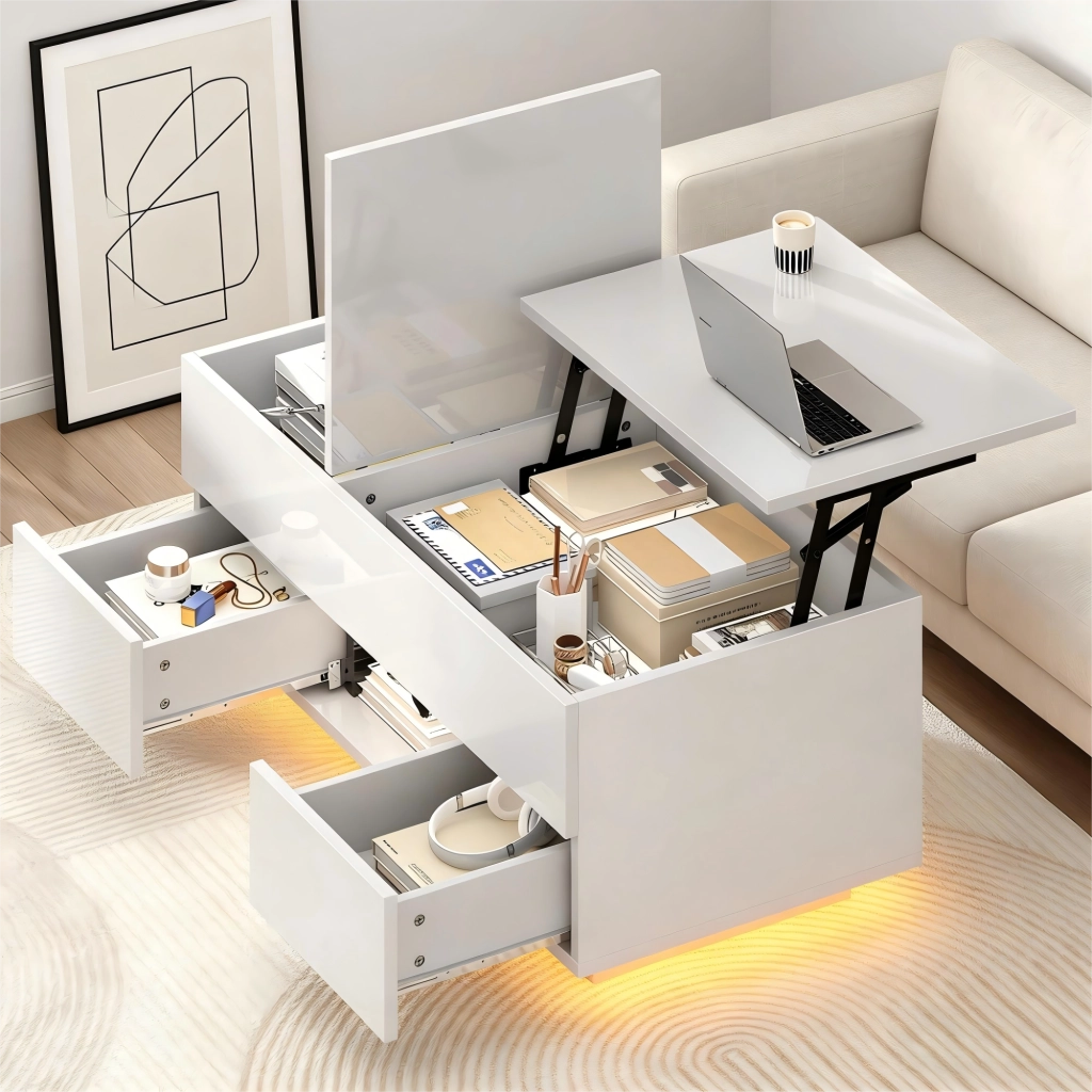 Tavolino da caffè 100x45x43 cm con piano sollevabile e LED in pannello truciolare bianco