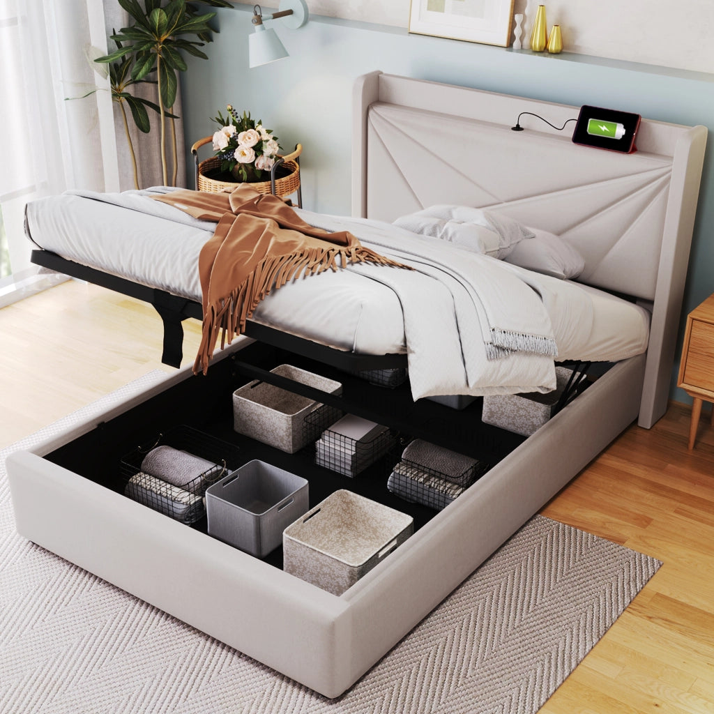 Letto singolo contenitore 90 × 200 cm con testiera USB e USB C in cotone e lino beige con rete a doghe
