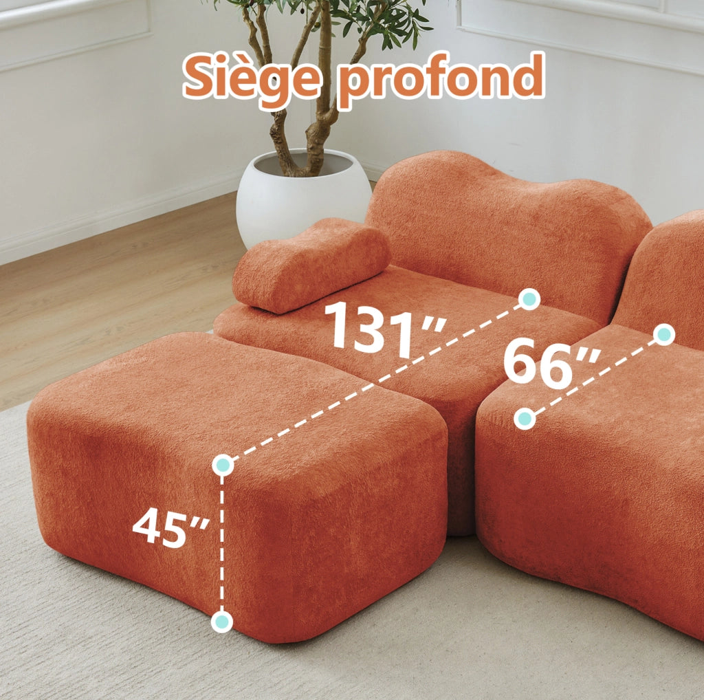 Divano modulare angolare 3 posti con pouf, schiuma ad alta densità 32D, rivestimento in velluto arancione per soggiorno