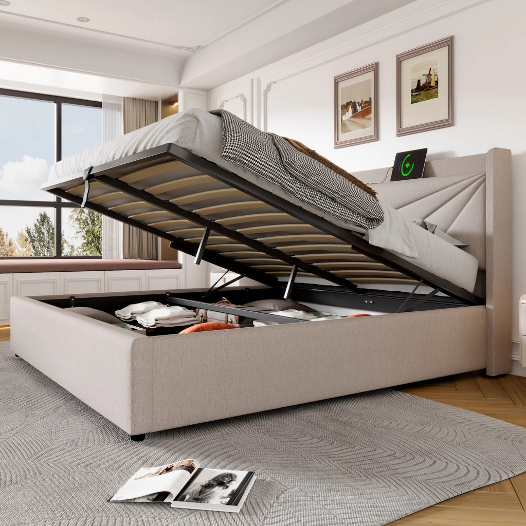 Letto matrimoniale 140x200 con contenitore, testiera con USB e Type-C