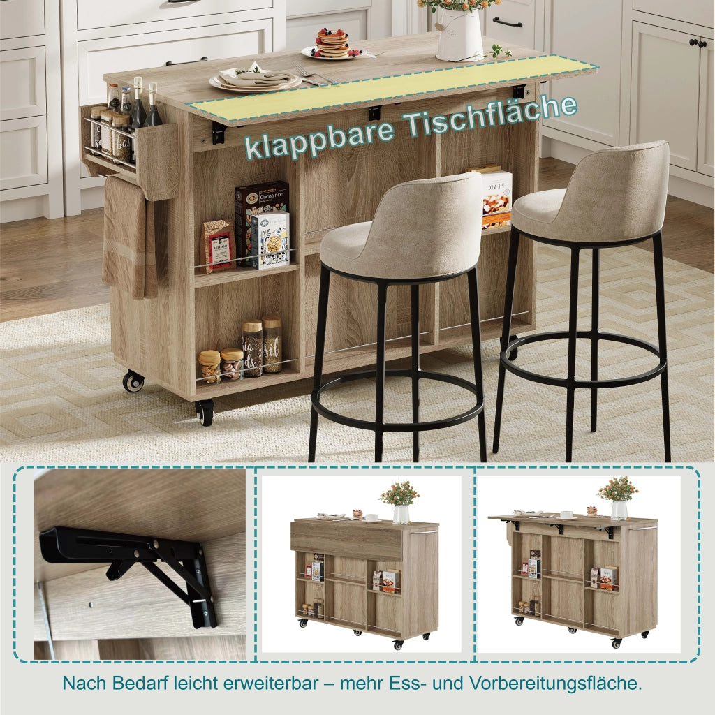 Carrello da cucina con piano pieghevole estensibile da 67.5 a 120 cm; cassetto; ruote frenate in MDF naturale