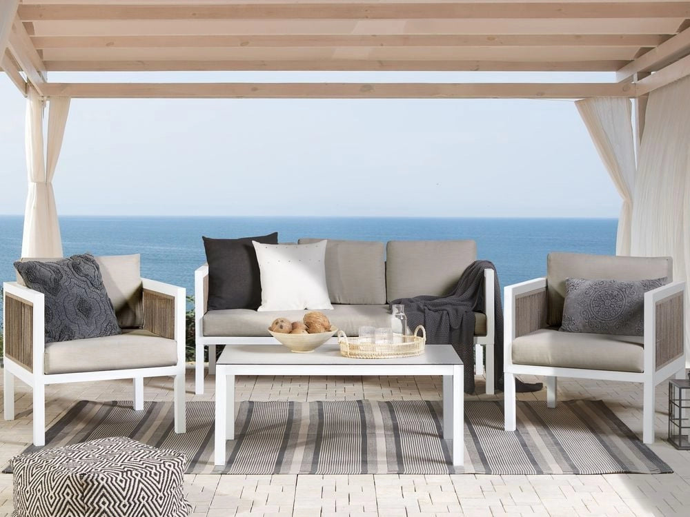 Divano da Giardino 5 Posti Bianco e Marrone Alluminio 5 Posti con Cuscini Moderni