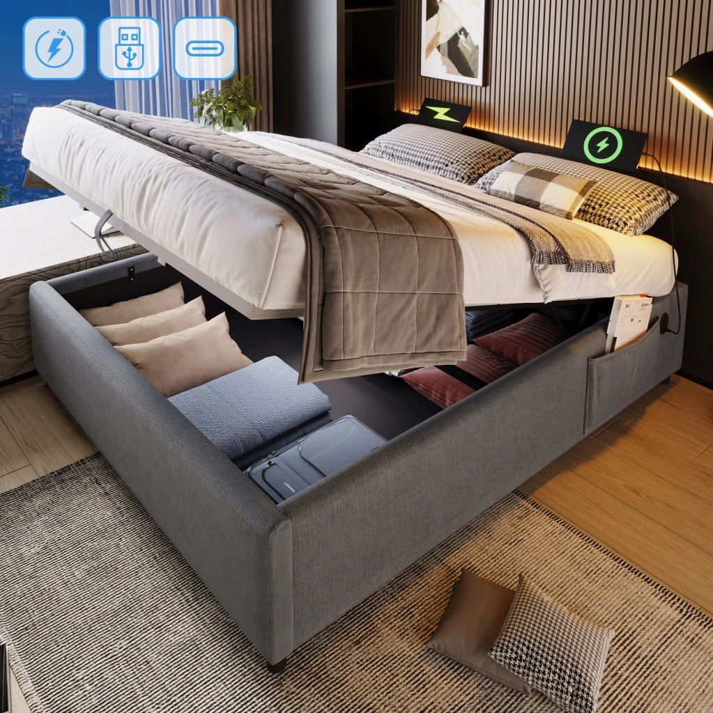 Letto matrimoniale 160x200 cm in cotone e lino grigio con vano e USB-C, senza materasso