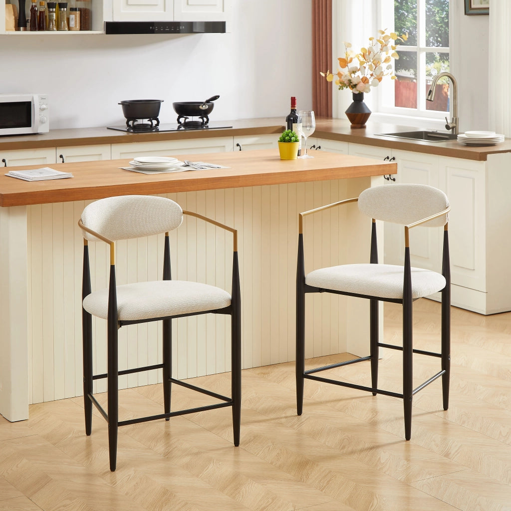Set di 2 sgabelli da bar con braccioli e seduta imbottita per cucina in tessuto beige