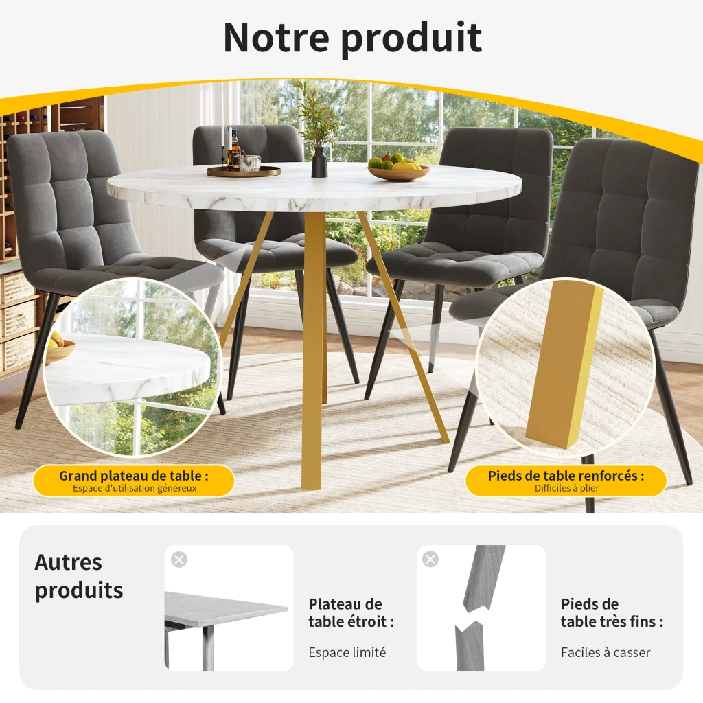 Tavolo da pranzo rotondo in MDF con gambe in metallo bianco effetto marmo e oro per sala da pranzo 80 × 80 × 75 cm
