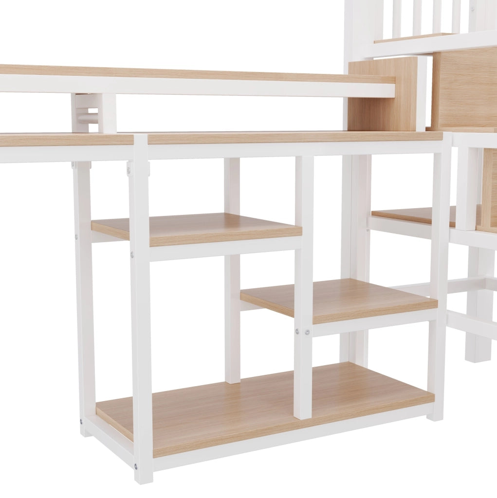 Letto a soppalco in metallo 90x200 cm con scala a armadio, ripiano, USB e Tipo-C, striscia LED, bianco, senza materasso