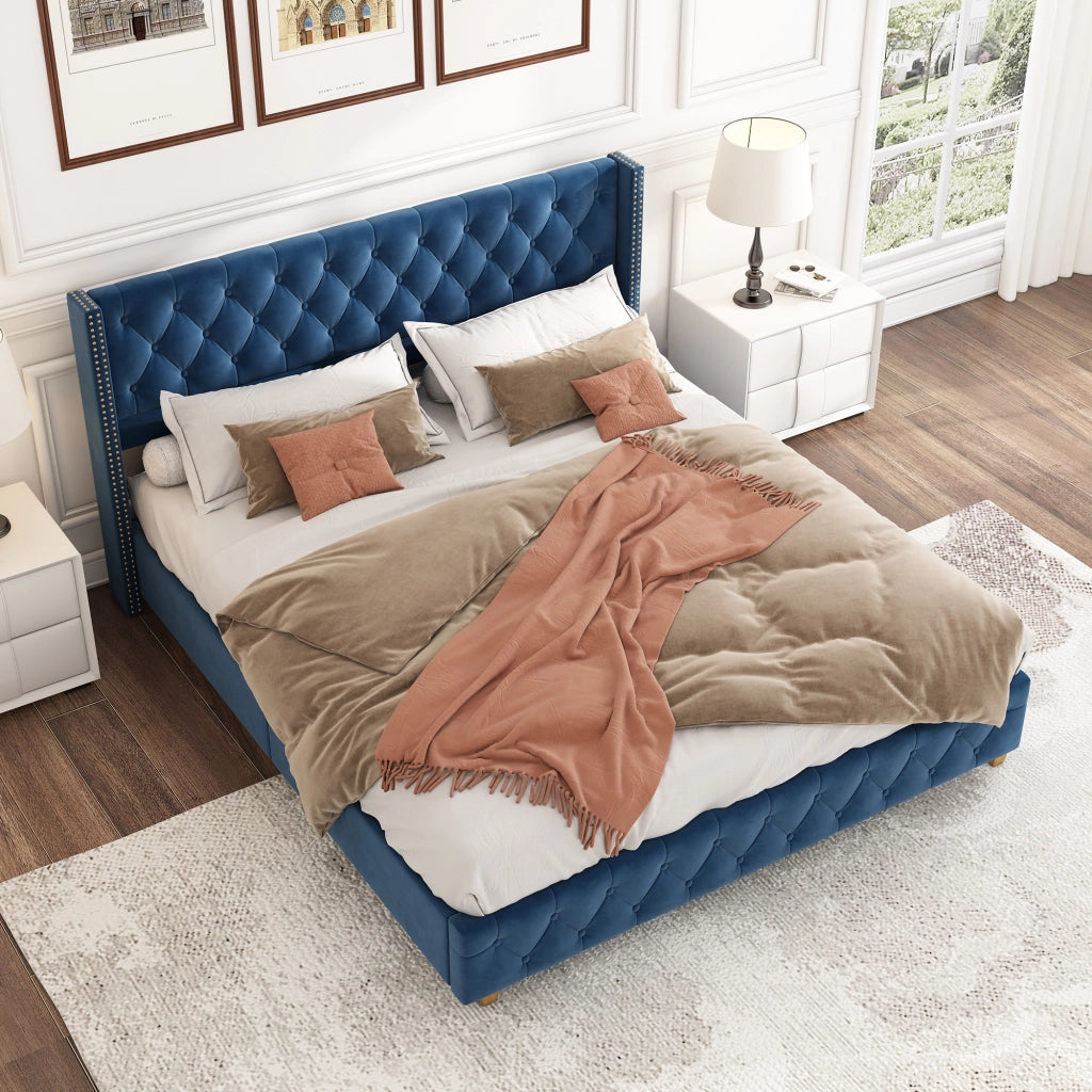 letto imbottito velluto blu 160 x 200 cm