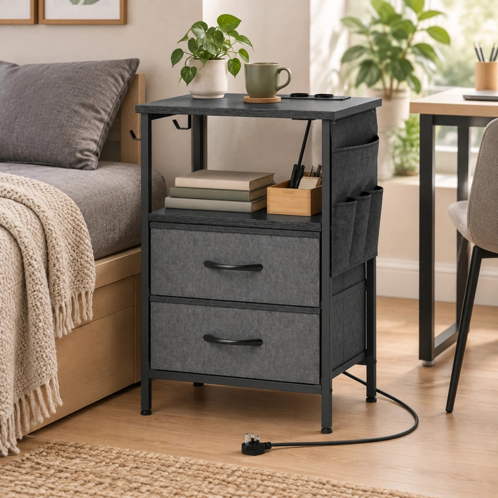 Tavolino laterale 40x30x60 cm con prese AC, USB-A, USB-C e 2 cassetti nero