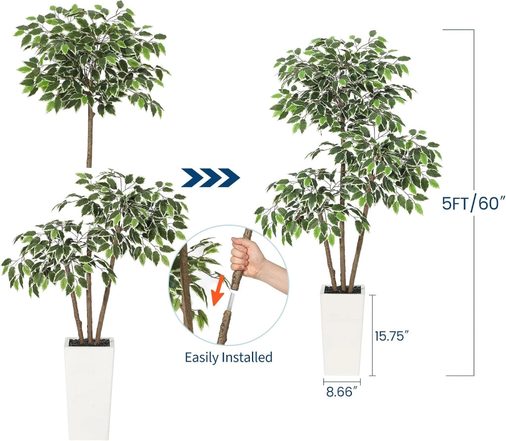 Ficus Artificiale 150 cm con Triplo Tronco Vaso Alto e Fogliame Folto