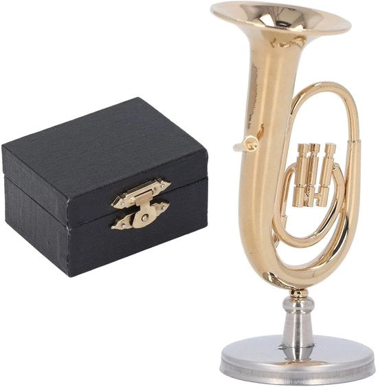 Miniatura di tuba in ottone con finitura dorata - Modello di strumento musicale - Con base - Accessori per bambole - Accessori decorativi per uffici - Modello musicale