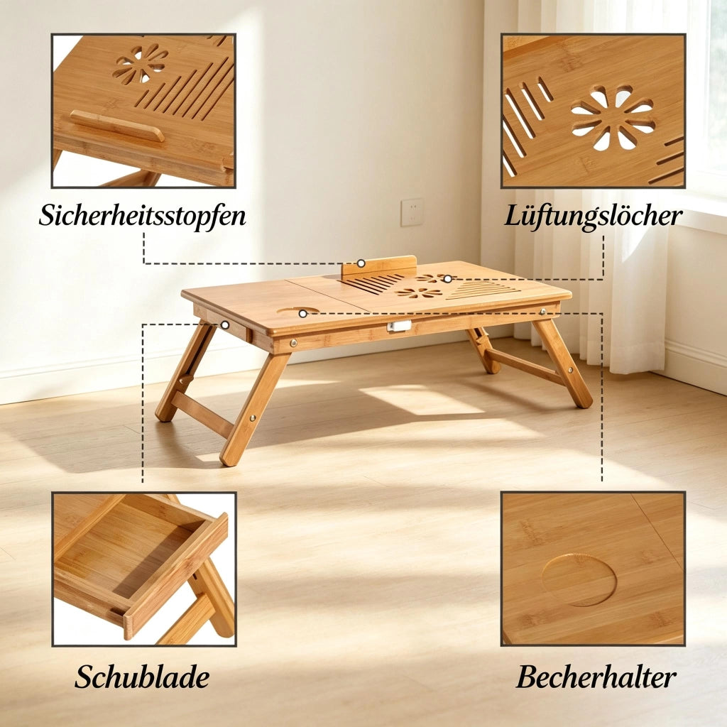 Tavolo pieghevole in bambù regolabile e inclinabile con piano ventilato e cassetto naturale 55 × 35 × 22-32.5 cm
