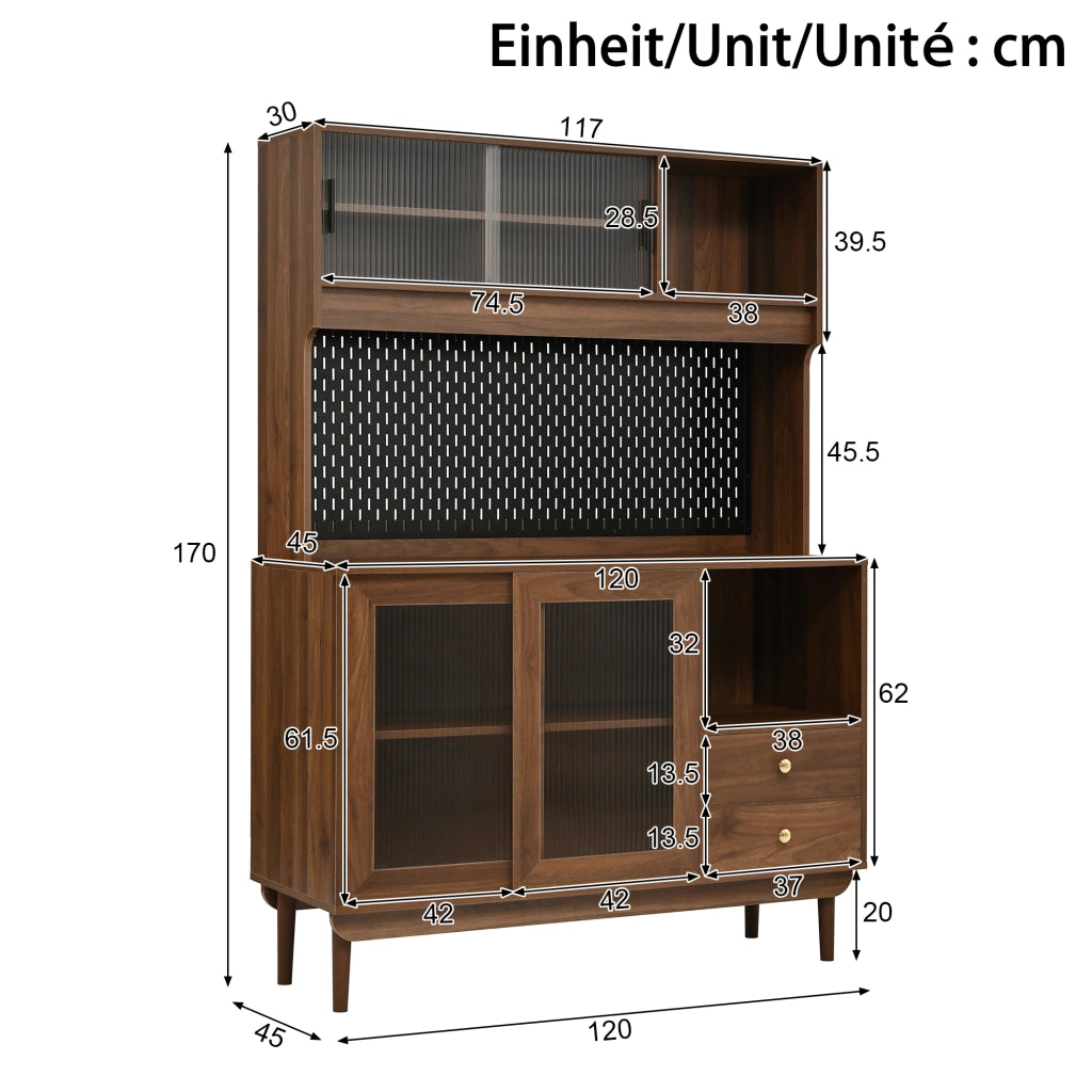 Credenza da cucina con 4 ante scorrevoli in vetro rigato; 2 cassetti e pannello forato noce 117 × 30 × 170 cm