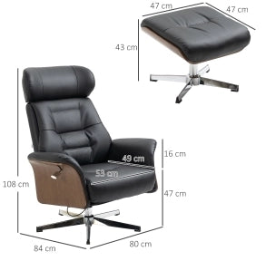 Poltrona Relax con Poggiapiedi, Funzione Letto e Rotazione 360°, Rivestimento in Ecopelle Nera