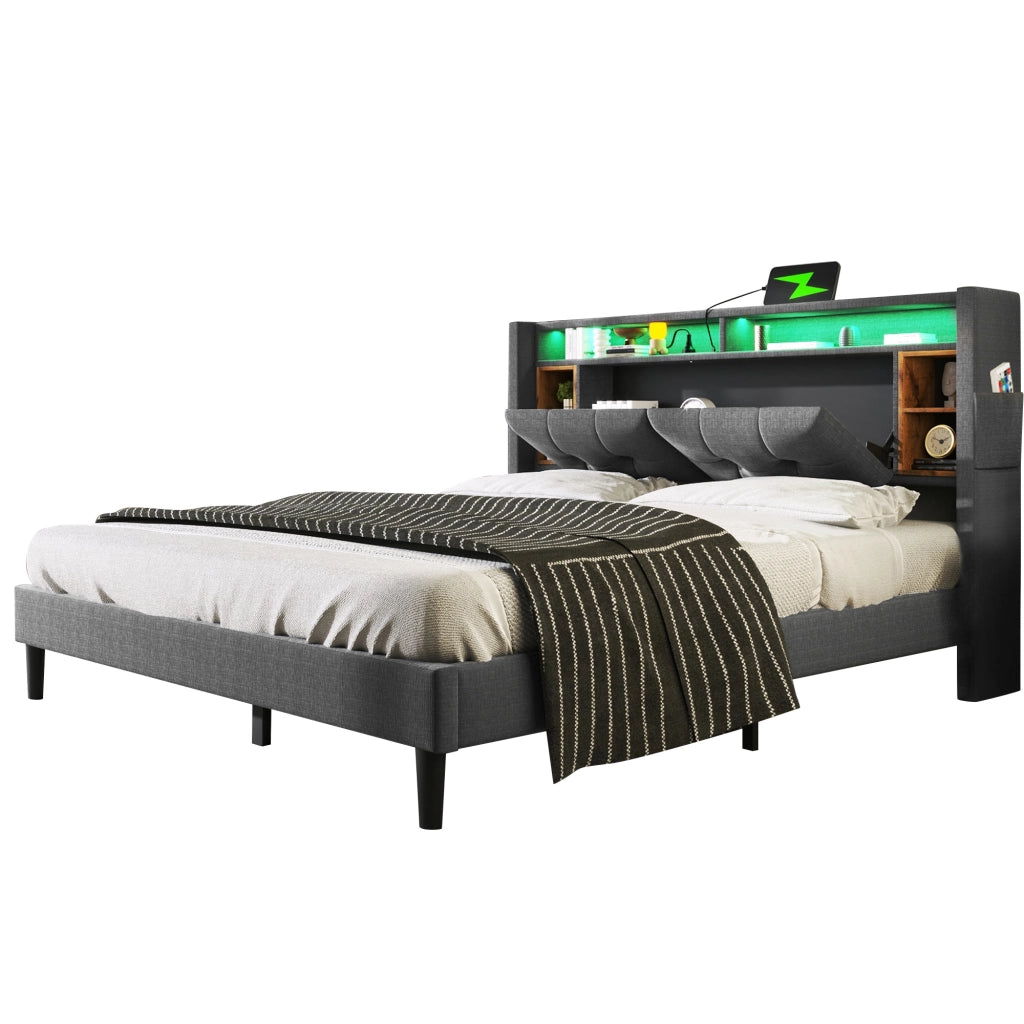 Letto matrimoniale 140 × 200 cm con testiera contenitore, prese USB e LED a colori, materasso incluso, grigio
