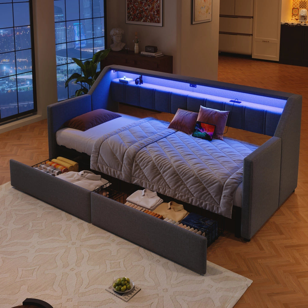 Divano letto estraibile 140 x 200 cm; 3 cassetti; luci LED; prese USB e USB C; truciolare e MDF; bianco