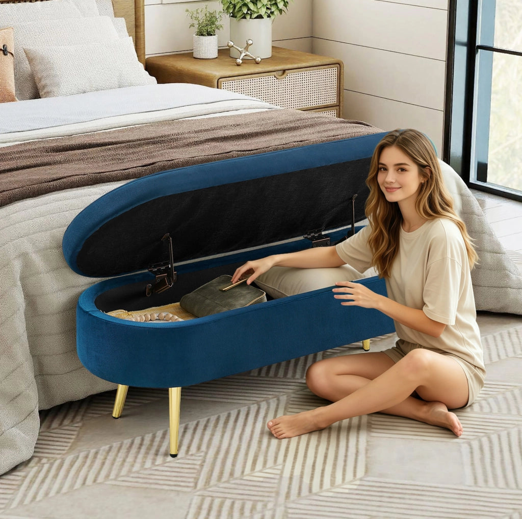 Panca contenitore multifunzione in velluto con struttura in legno massello e gambe in metallo, 110x40x42 cm, capacità 20 L, colore blu