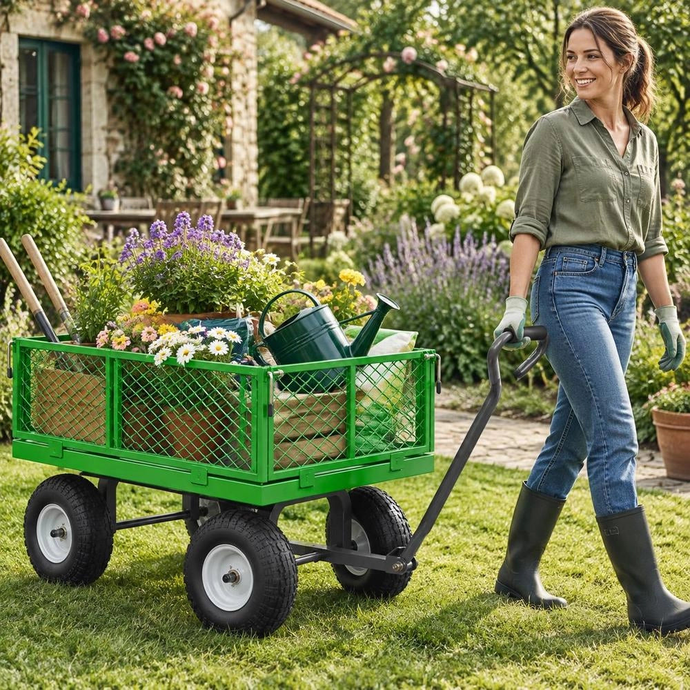 Wagon 408.23 Kg, Transport Wagon, Equipment Wagon, Garden Wagon, Handcart With 10-inch Tires And Removable Mesh Side Panels (convertible To A Flatbed) And 180° Rotating Handle