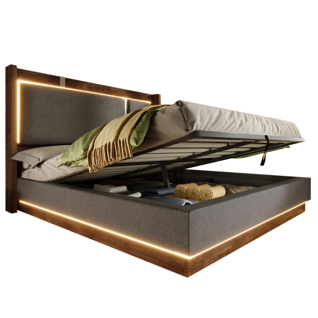 Letto imbottito 160x200 cm con LED e contenitore, rivestimento in lino grigio e dettagli noce
