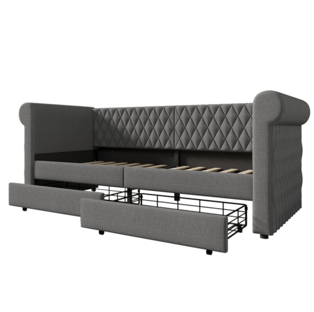 Letto da giorno 90x200 cm con 2 cassetti e rivestimento in lino grigio