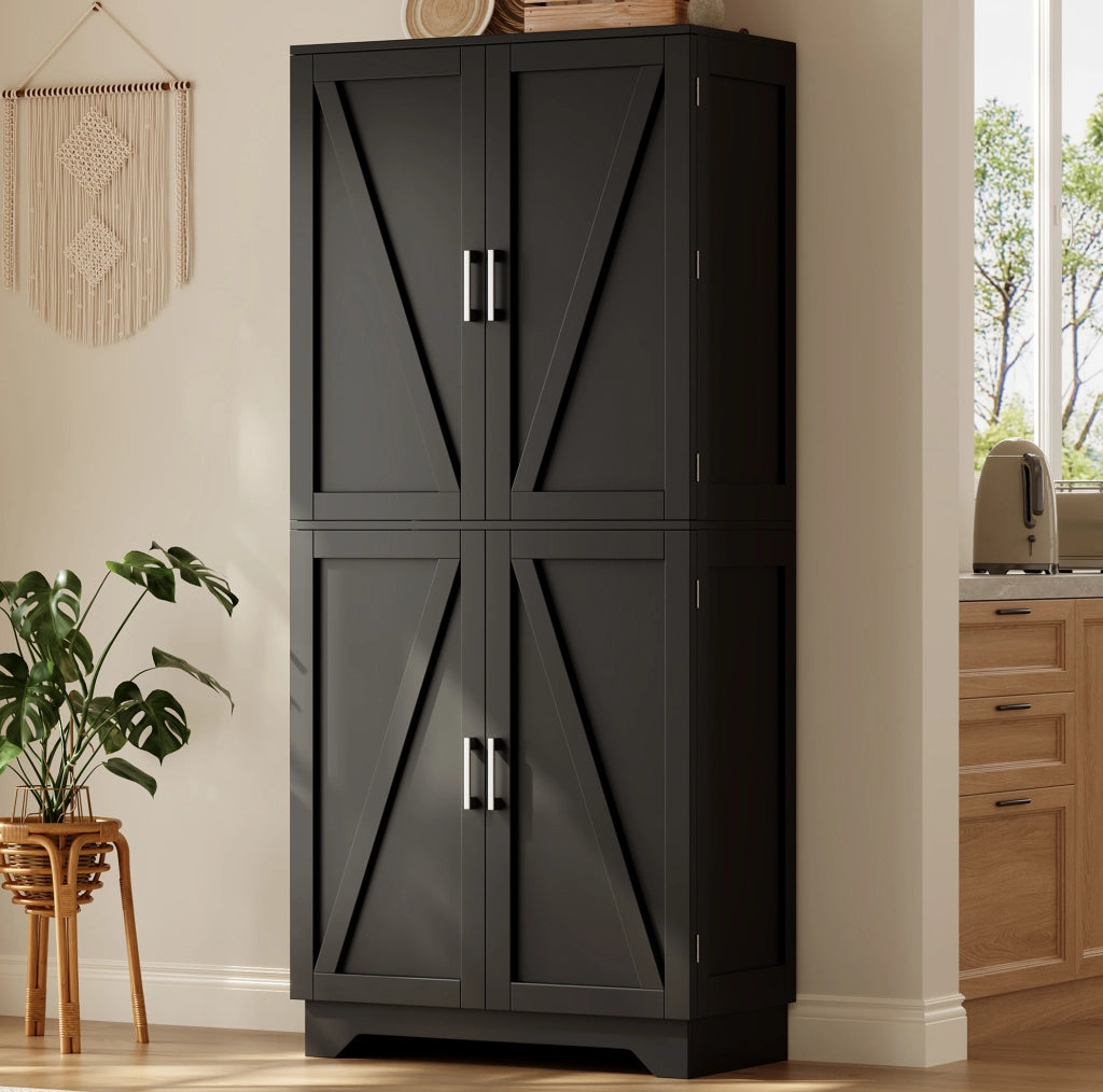 Armadio da cucina 80x40x180 cm con 4 ante; portabottiglie e ripiani in MDF nero naturale