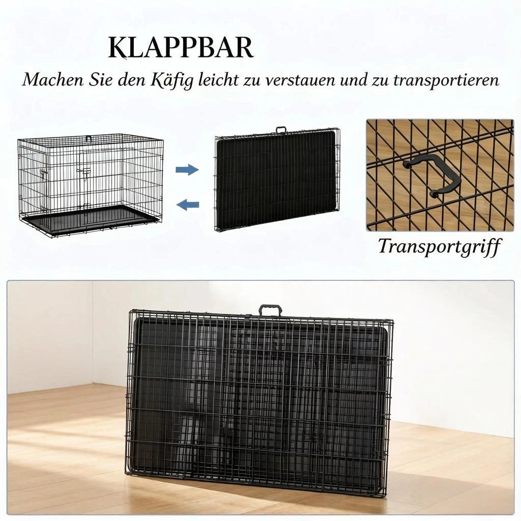 Gabbia per cani pieghevole con 2 porte bloccabili vassoio rimovibile maniglia in acciaio nero 121 × 77 × 82 cm