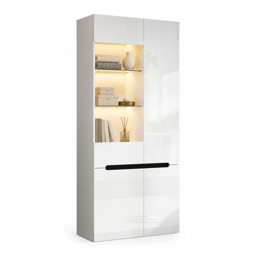 Vetrina 80x35x180 cm in MDF e vetro temperato bianco con LED Bluetooth