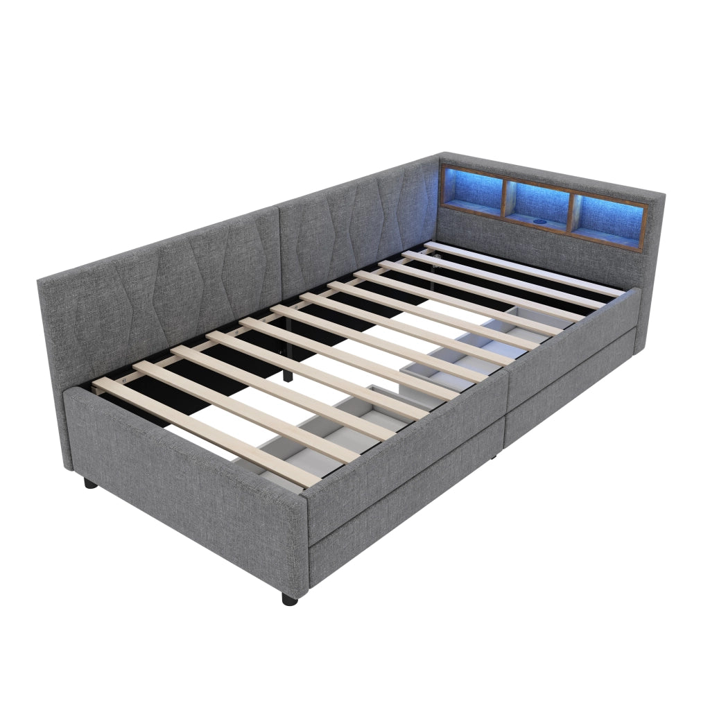 Letto 90x200 cm con rete a doghe, LED, USB e USB-C, 2 cassetti in lino e MDF grigio
