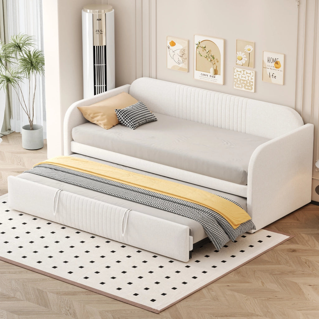 Divano letto imbottito estensibile con rete a doghe, beige