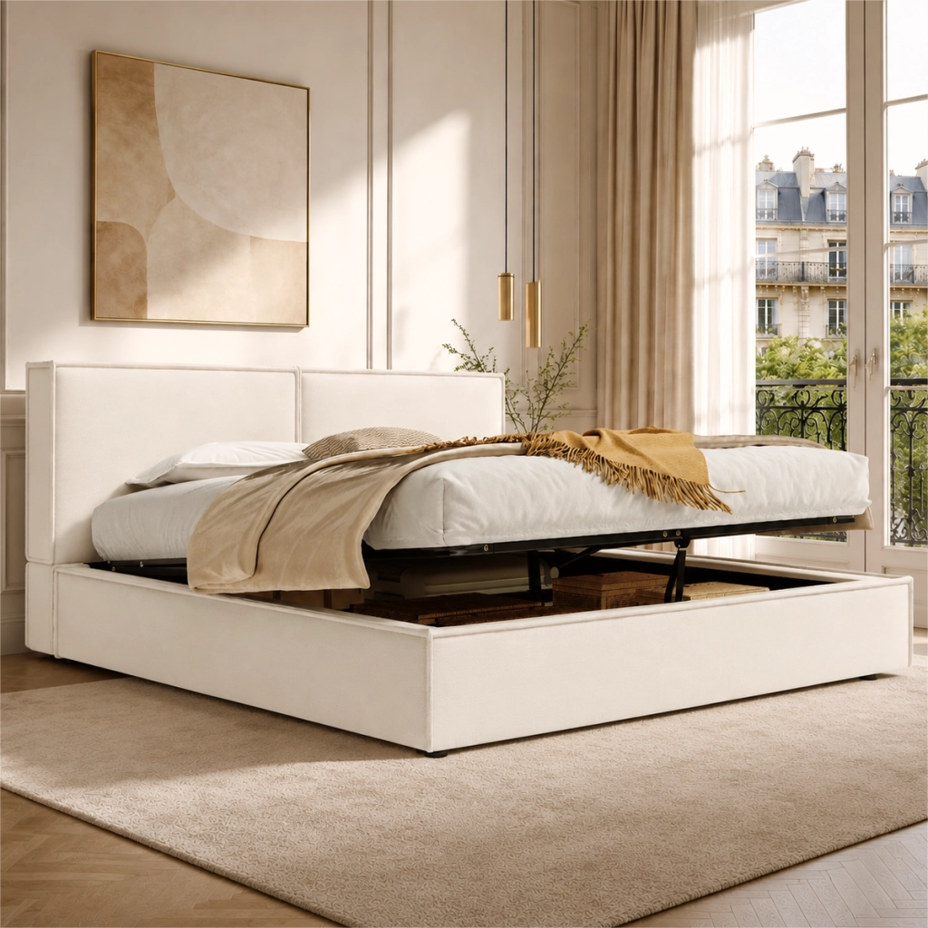 Letto matrimoniale imbottito 180x200 cm; idraulico con rete a doghe e testiera capitonné; rivestimento in lino; beige