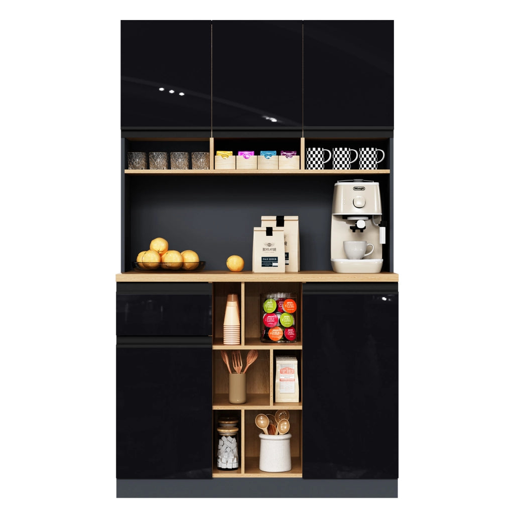 Mobile buffet da cucina con ripiani regolabili e cassetto; nero e naturale