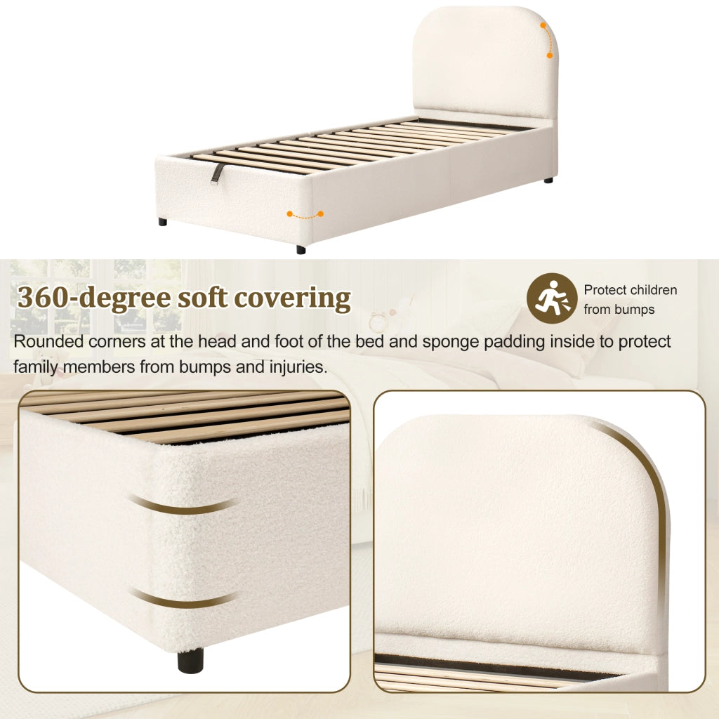 Letto singolo con contenitore 90 × 200 cm idraulico con rete a doghe testiera imbottita in bouclé beige